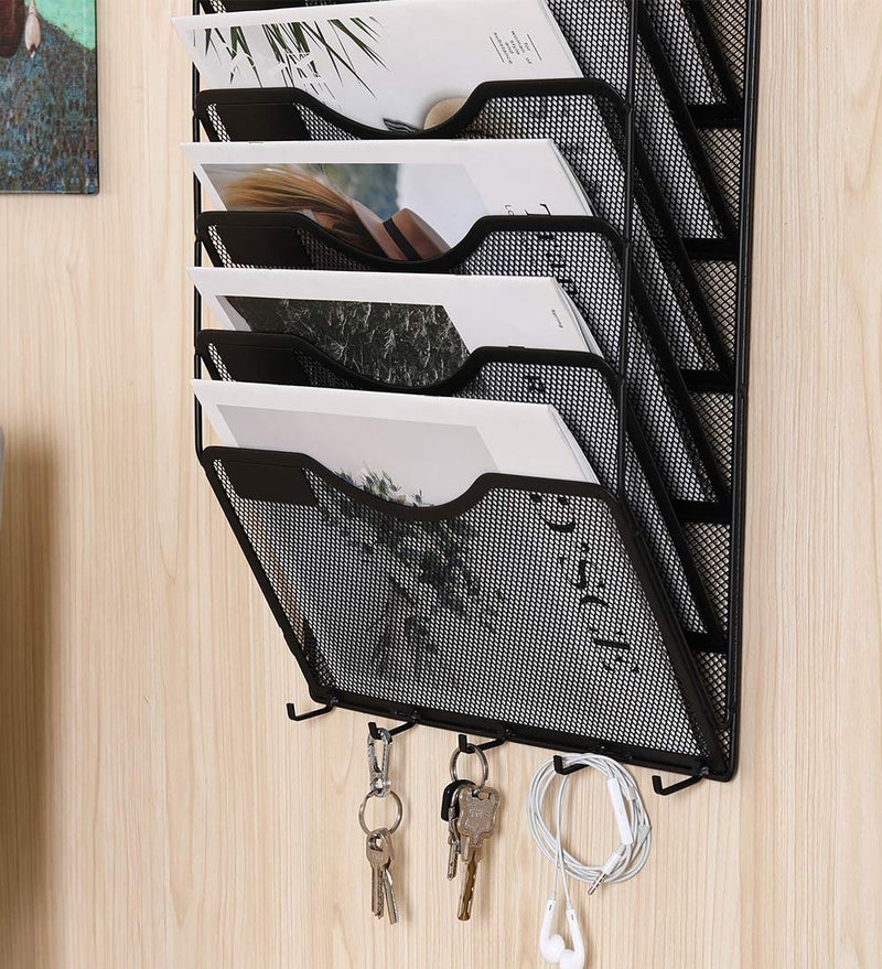EasyPAG 8 Pocket Mesh Wall File Organizer with Key Hooks, Hanging Paper Folder Holder with Classify Label, Vertical Wall Mount Mail Organizer for Office Home Classroom, Black - Image 4